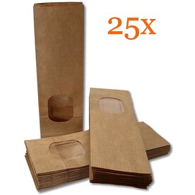 Papieren zakjes / blokbodemzakjes S - met venster - 25 stuks - 8x5x25 cm - uitdeelzakjes papier - bruin kraft
