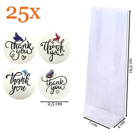 Cadeauzakjes Transparant + Sluitstickers "Thank You" met Vlinders &ndash; 25&nbsp;Stuks &ndash; 7x4x19,5 cm &ndash; Feestelijke Blokbodemzakjes