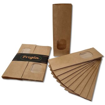 Papieren zakjes / blokbodemzakjes S - met venster - 10 stuks - 8x5x25 cm - uitdeelzakjes papier - bruin kraft