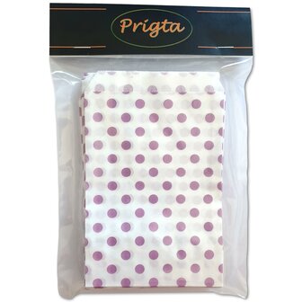 Papieren zakjes - 50 stuks - 10x16 cm - wit met paarse stipjes - 40 gr/m2 / cadeauzakjes 
