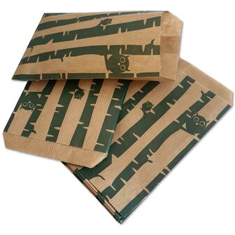 Papieren zakjes - 50 stuks - 10x16 cm - bruin met groene uiltjes - 50 gr/m2 / cadeauzakjes 
