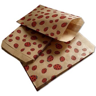 Papieren zakjes - 50 stuks - 10x16 cm - bruin met lieveheersbeestjes - 50 gr/m2 / cadeauzakjes Ladybug