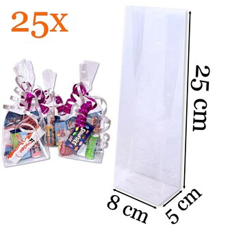 Uitdeelzakjes / cellofaanzakjes transparant - 25 stuks - 8x5x25 cm - blokbodemzakjes  / cadeauzakjes cellofaan