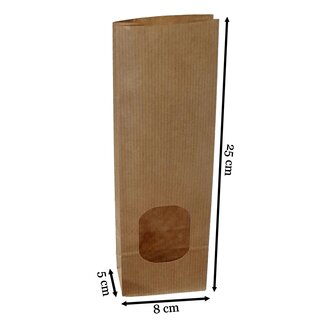 50x Verpakking zakjes - blokbodemzakjes papier - 8x5x25 cm - bruin - papieren zakjes met venster