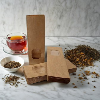 50x Verpakking zakjes - blokbodemzakjes papier - 8x5x25 cm - bruin - papieren zakjes met venster