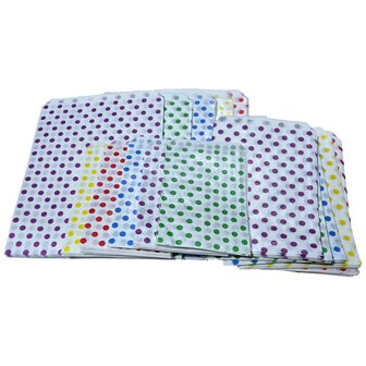 Papieren zakjes Mix - 150 stuks - 3 maten - 5 kleuren stip design  - 10x16 / 13,5x18 / 17,5x25 cm - vlakke cadeauzakjes