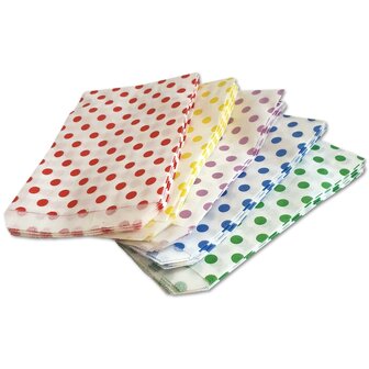 Papieren zakjes Mix - 100 stuks - 10x16 cm - wit met gekleurde stipjes - cadeauzakjes / uitdeelzakjes / geschenkzakjes