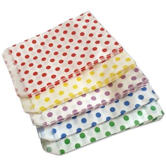 Papieren zakjes Mix - 100 stuks - 10x16 cm - wit met gekleurde stipjes - cadeauzakjes / uitdeelzakjes / geschenkzakjes