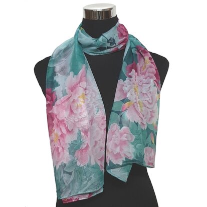 Sjaal dames - turquoise met roze bloemprint - Polyester