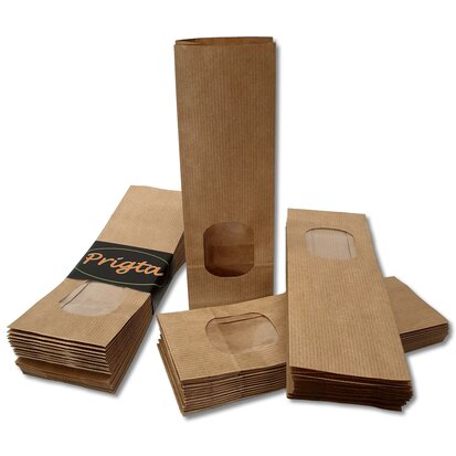 Papieren zakjes / blokbodemzakjes XS - met venster - 25 stuks - 7x4x20 cm - uitdeelzakjes papier - bruin kraft