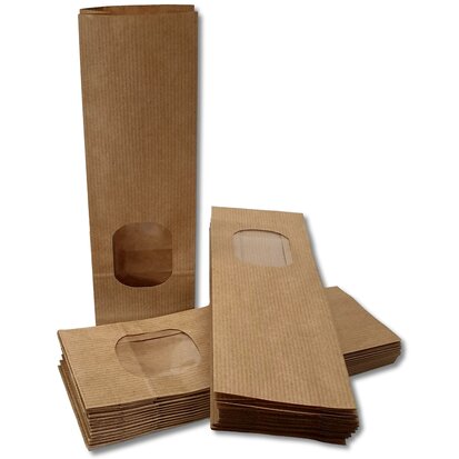 Papieren zakjes / blokbodemzakjes XS - met venster - 10 stuks - 7x4x20 cm - uitdeelzakjes papier - bruin kraft