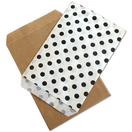 Papieren zakjes - Bruin  + wit polka dots - 10x16 cm - 50 stuks - / cadeauzakjes