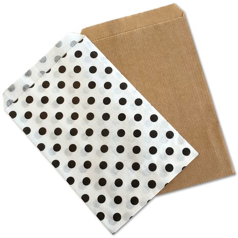 Papieren zakjes - Bruin  + wit polka dots - 10x16 cm - 50 stuks - / cadeauzakjes