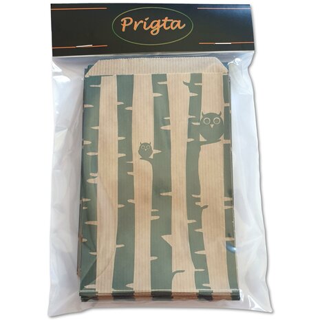 Papieren zakjes - 50 stuks - 10x16 cm - bruin met groene uiltjes - 50 gr/m2 / cadeauzakjes 