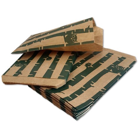 Papieren zakjes - 100 stuks - 10x16 cm - bruin met groene uiltjes - 50 gr/m2 / cadeauzakjes 