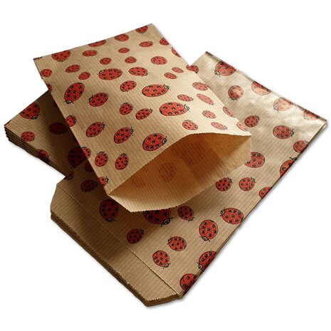 Papieren zakjes - 50 stuks - 10x16 cm - bruin met lieveheersbeestjes - 50 gr/m2 / cadeauzakjes Ladybug