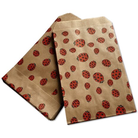 Papieren zakjes - 50 stuks - 10x16 cm - bruin met lieveheersbeestjes - 50 gr/m2 / cadeauzakjes Ladybug