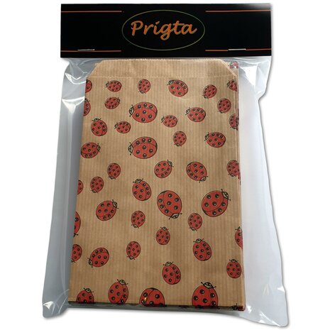 Papieren zakjes - 50 stuks - 10x16 cm - bruin met lieveheersbeestjes - 50 gr/m2 / cadeauzakjes Ladybug