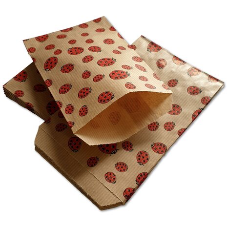 Papieren zakjes - 100 stuks - 10x16 cm - bruin met lieveheersbeestjes - 50 gr/m2 / cadeauzakjes Ladybug