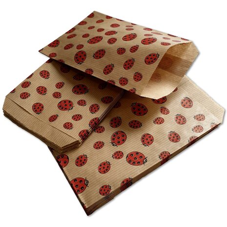 Papieren zakjes - 100 stuks - 10x16 cm - bruin met lieveheersbeestjes - 50 gr/m2 / cadeauzakjes Ladybug