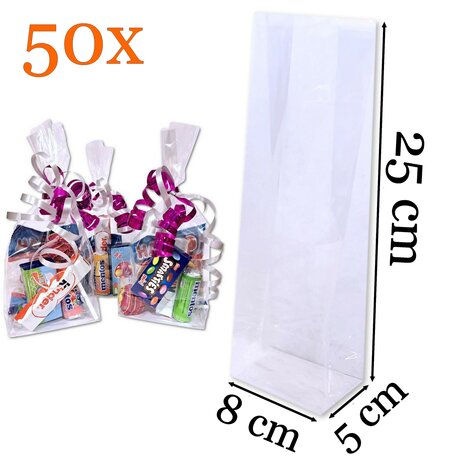 50x Uitdeelzakjes / traktatie zakjes - 8x5x25 cm - snoepzakjes - cellofaanzakjes transparant verpakking zakjes / geschenkzakjes cellofaan - blokbodemzakjes - plastic zakjes voor traktatie