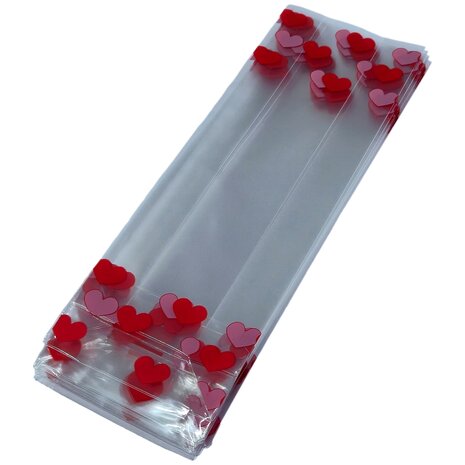 Uitdeelzakjes hartjes / Valentijn - 50 stuks - 7x4x22 cm -  cadeauzakjes cellofaan / cellofaanzakjes transparant met blokbodem