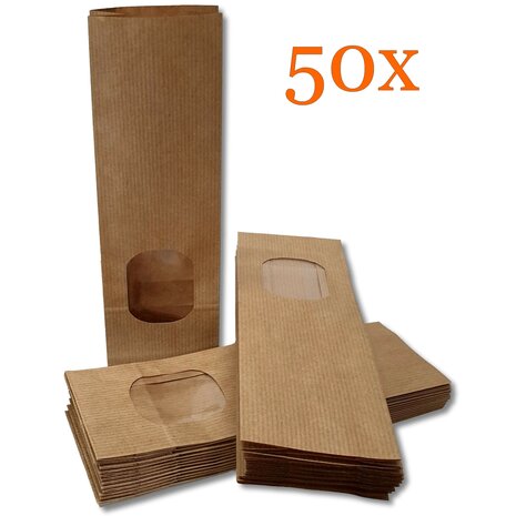 50x Verpakking zakjes - blokbodemzakjes papier - 8x5x25 cm - bruin - papieren zakjes met venster