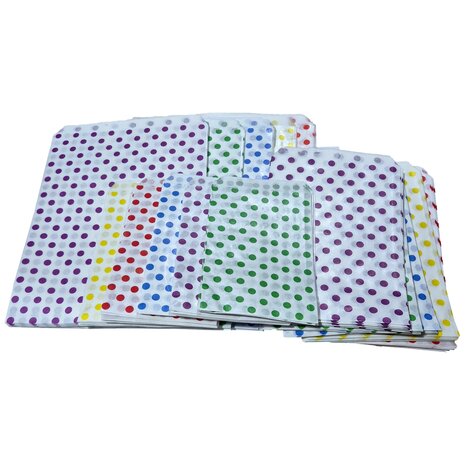 Papieren zakjes Mix - 300 stuks - 3 maten - 5 kleuren stip design  - 10x16 / 13,5x18 / 17,5x25 cm - vlakke cadeauzakjes