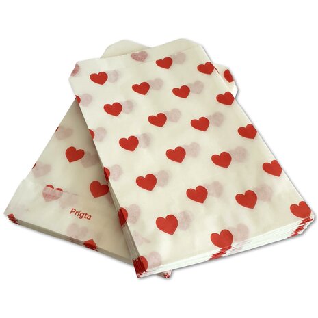 Papieren zakjes - 50 stuks - 10x16 cm - inpakpapier rode hartjes - 40 gr/m2 / cadeauzakjes 