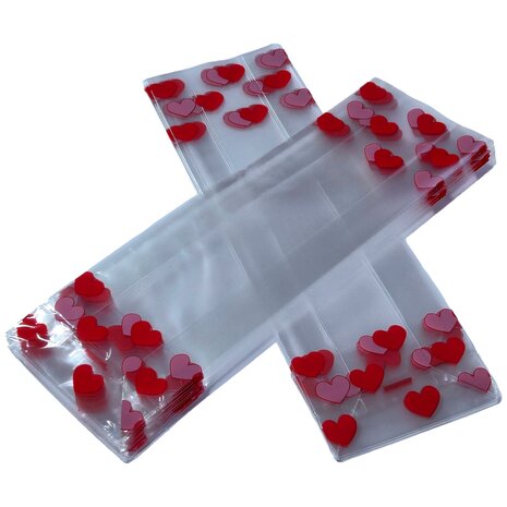 Uitdeelzakjes hartjes / Valentijn - 50 stuks - 7x4x22 cm -  cadeauzakjes cellofaan / cellofaanzakjes transparant met blokbodem