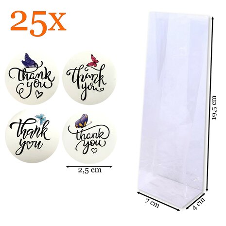 Cadeauzakjes Transparant + Sluitstickers "Thank You" met Vlinders &ndash; 25&nbsp;Stuks &ndash; 7x4x19,5 cm &ndash; Feestelijke Blokbodemzakjes