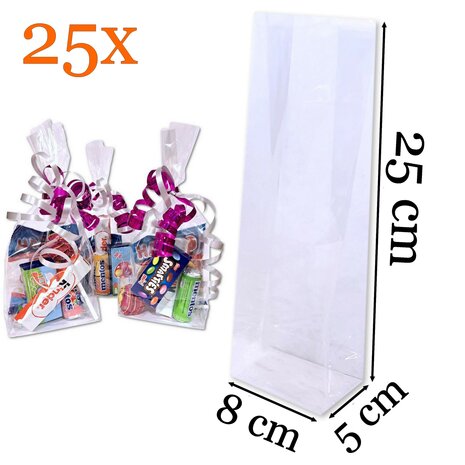 Uitdeelzakjes / cellofaanzakjes transparant - 25 stuks - 8x5x25 cm - blokbodemzakjes  / cadeauzakjes cellofaan