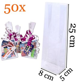 50x Uitdeelzakjes / traktatie zakjes - 8x5x25 cm - snoepzakjes - cellofaanzakjes transparant verpakking zakjes / geschenkzakjes cellofaan - blokbodemzakjes - plastic zakjes voor traktatie